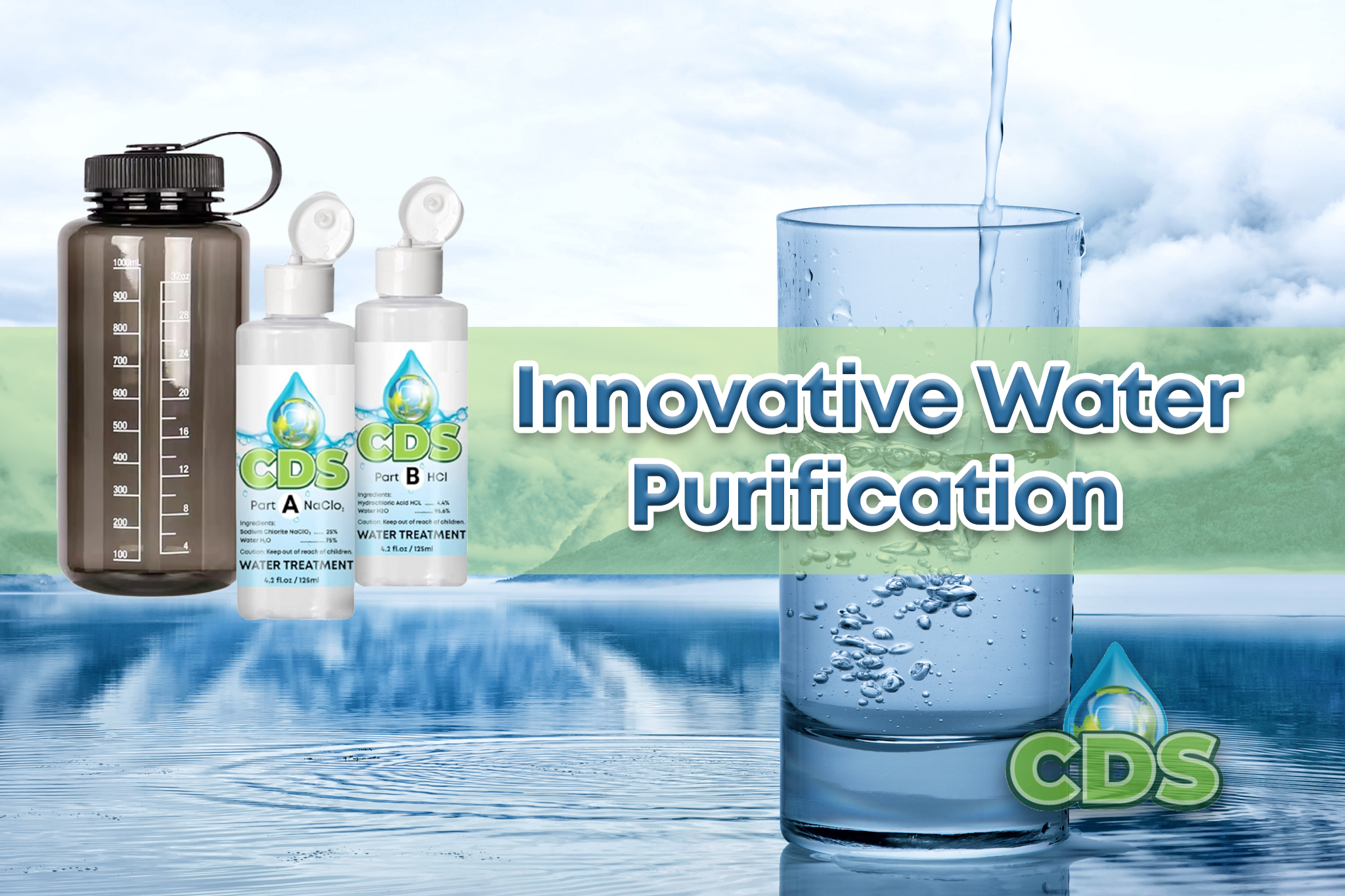 Chlorine Dioxide water purification (wiith water bottle).