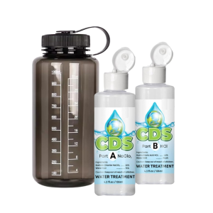 Chlorine Dioxide drops kit with water bottle.