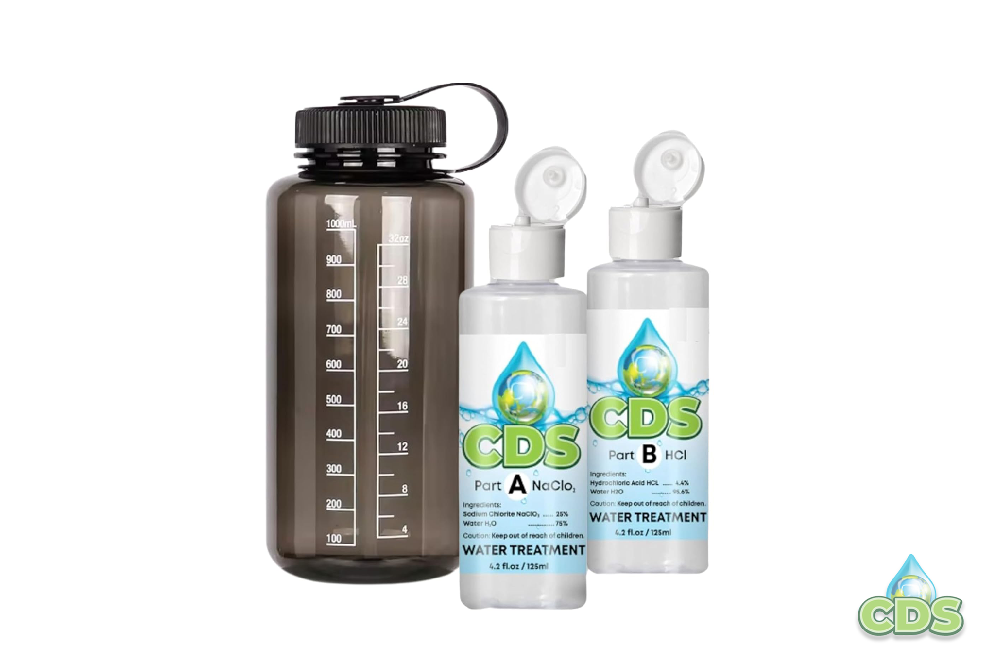 Chlorine Dioxide drops kit with water bottle.
